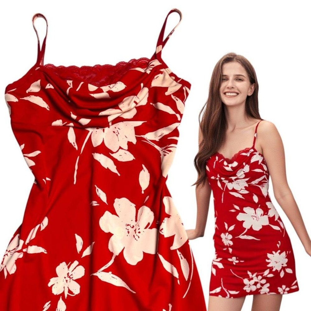 90'S VINTAGE‎ RAMPAGE RED TROPICAL LACE DRESS MEDIUM EUC - Picture 3 of 5
